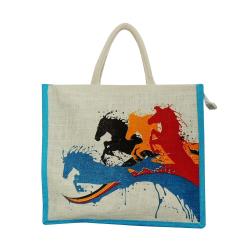 Alokik Eco Horse Print Shoulder Carry Bag Turquoise Jute Bags with Zipper (Pack of 2 Bags)
