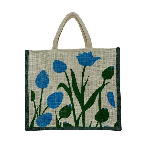 Alokik Eco Tulip Print Shoulder Military Green Jute Bags with Zipper (pack pf 2 pcs.)