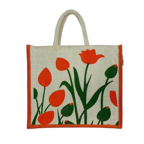 Alokik Eco Tulip Print Shoulder Carry Bag Military Green Jute Bags with Zipper (pack pf 2 pcs.)