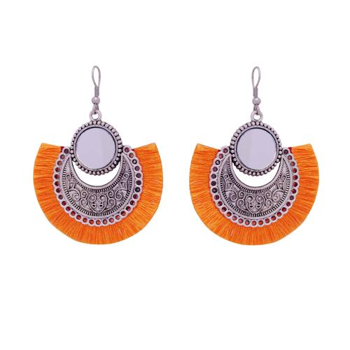 Avika Women's Oxidized Earring with Mirror & Orange Thread Party Wear
