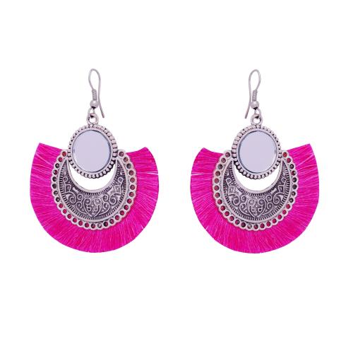 Avika Women's Oxidized Earring with Mirror & Pink Thread Party Wear