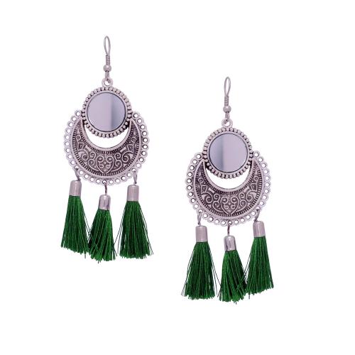 Avika Women's Oxidized Metallic Earring Set with Green thread